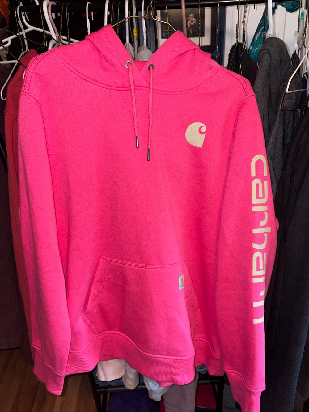 Carhartt Bright Pink Relaxed Fit Pullover Hoodie with Cream Logo
